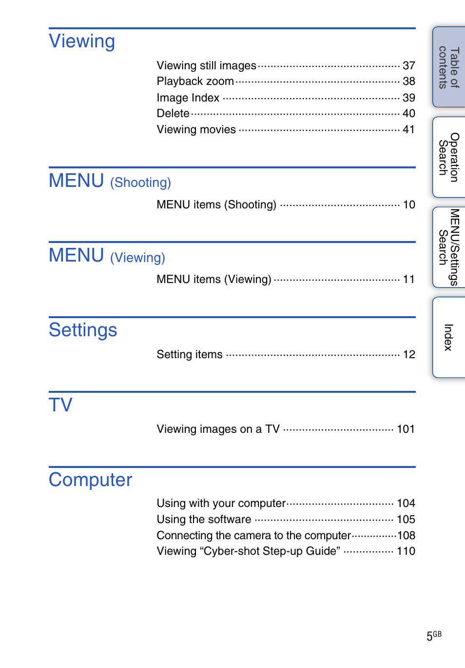 Viewing, Menu, Settings | Computer | Sony DSC-WX1 User Manual | Page 5 / 135