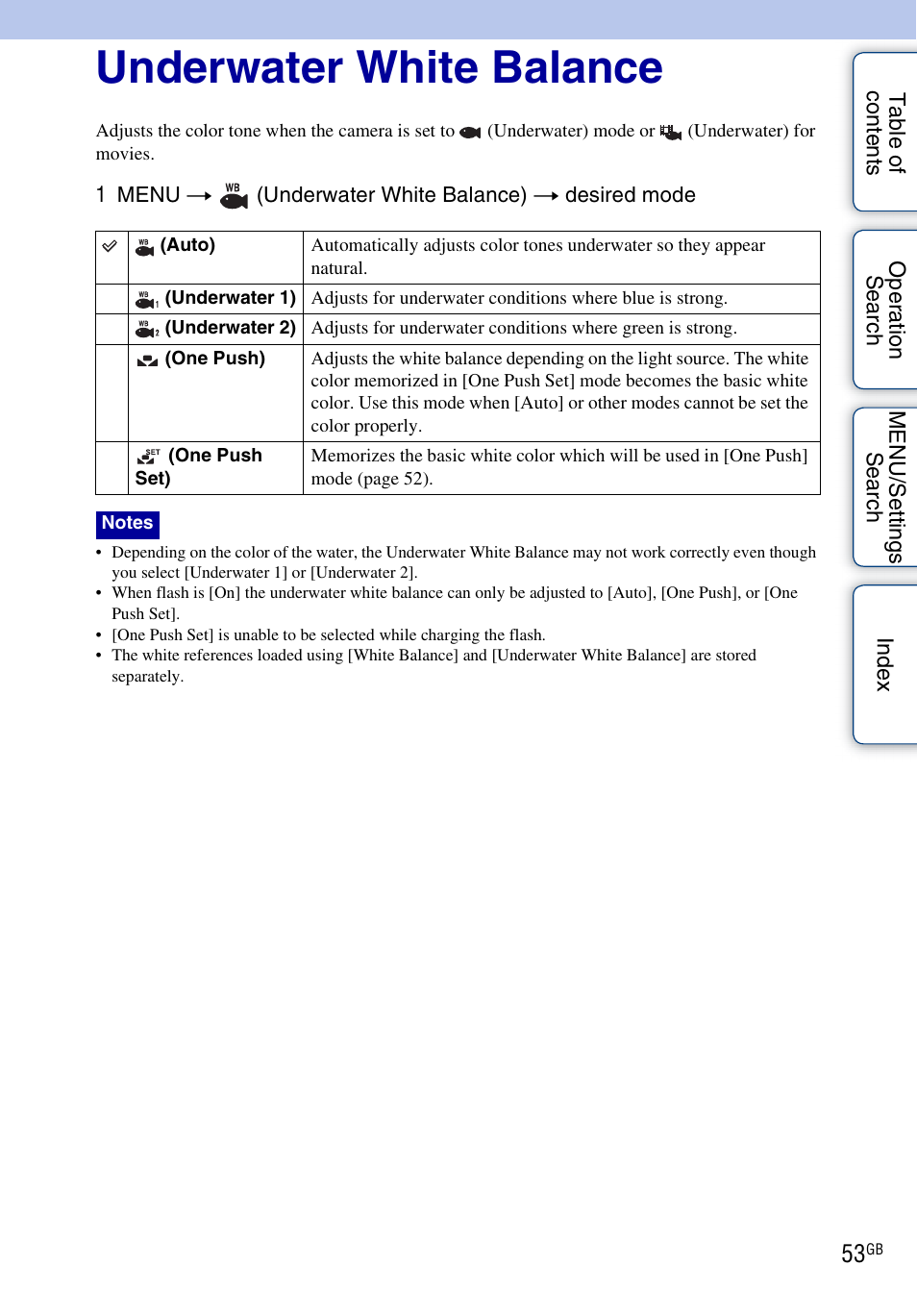 Underwater white balance | Sony DSC-WX1 User Manual | Page 53 / 135