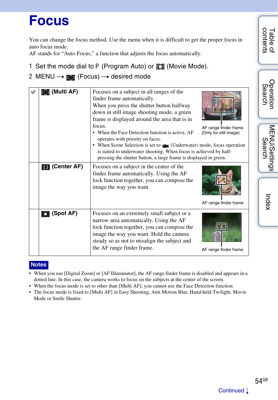 Focus | Sony DSC-WX1 User Manual | Page 54 / 135