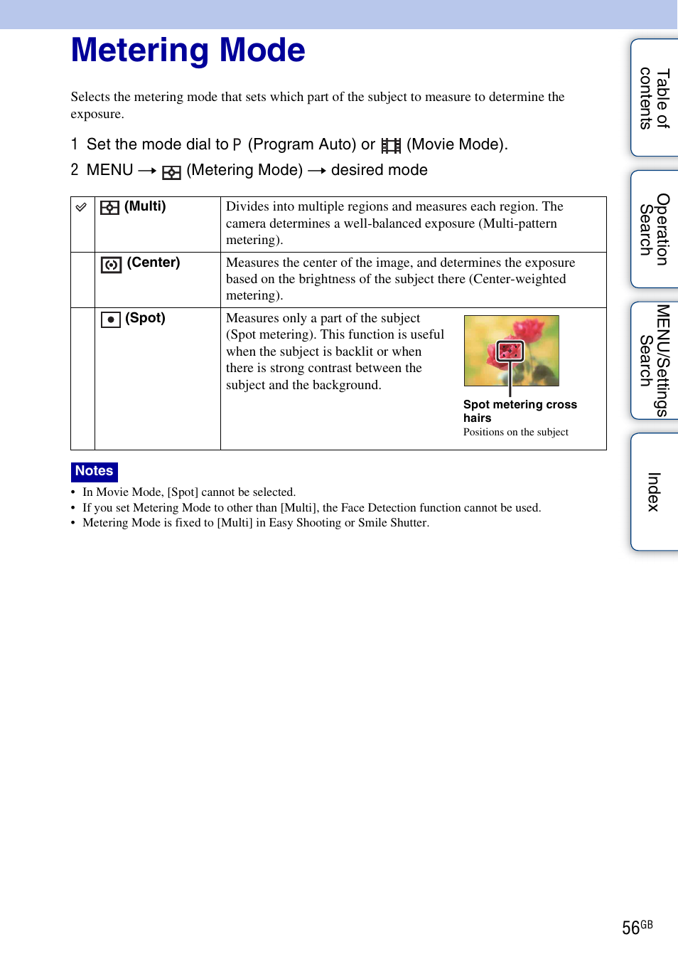 Metering mode | Sony DSC-WX1 User Manual | Page 56 / 135