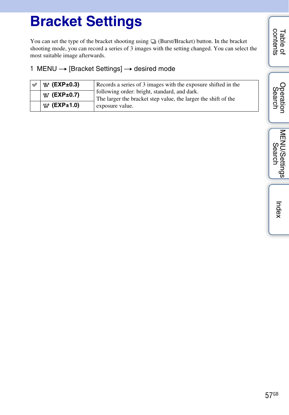 Bracket settings | Sony DSC-WX1 User Manual | Page 57 / 135