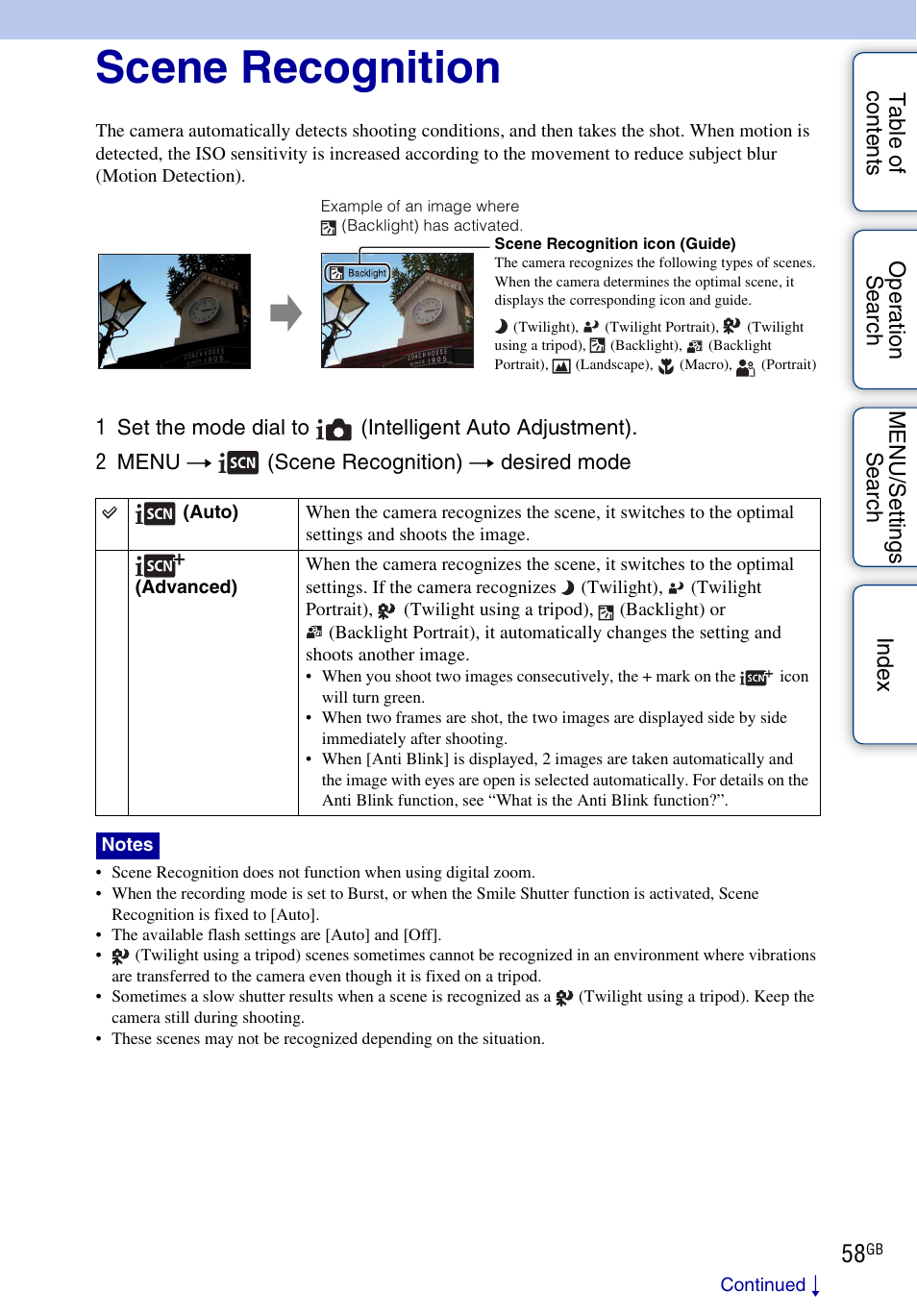 Scene recognition | Sony DSC-WX1 User Manual | Page 58 / 135