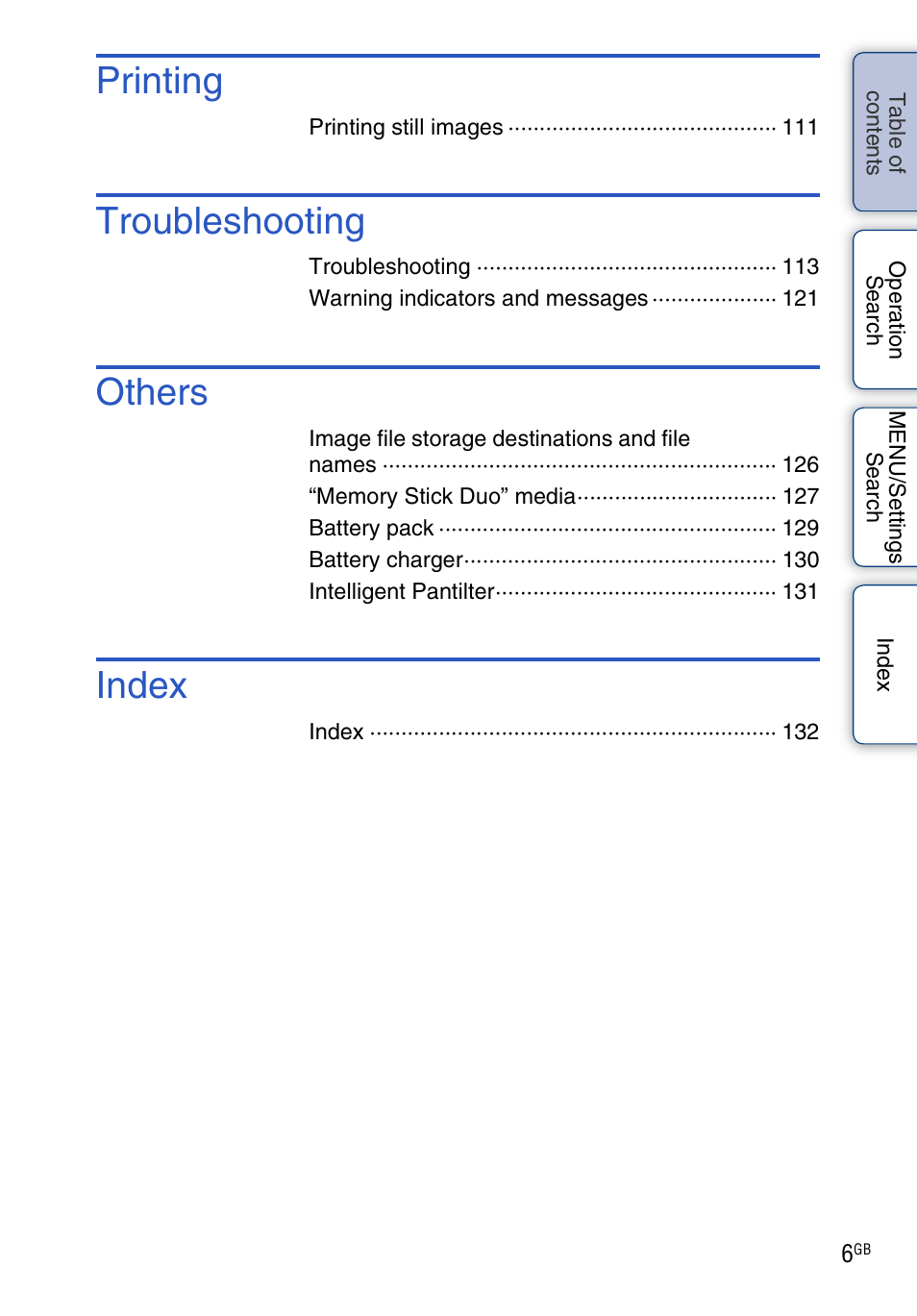 Printing, Troubleshooting, Others | Index | Sony DSC-WX1 User Manual | Page 6 / 135