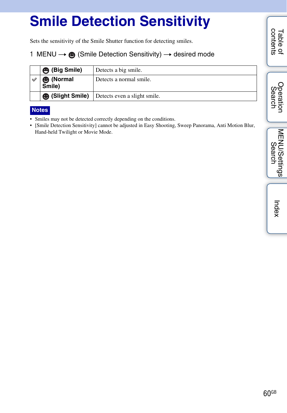 Smile detection sensitivity | Sony DSC-WX1 User Manual | Page 60 / 135