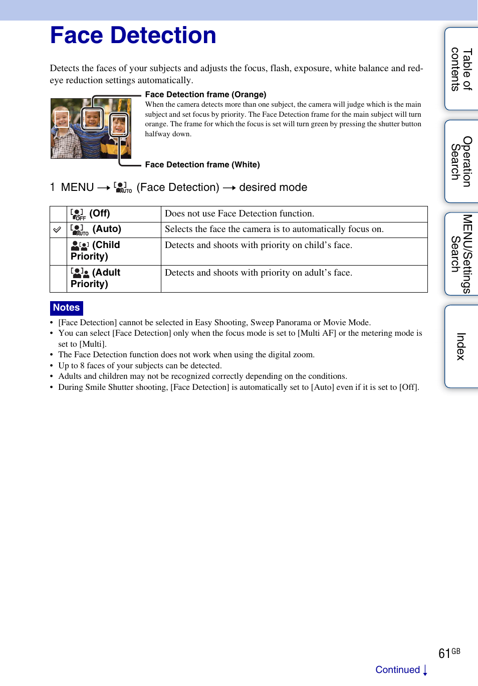 Face detection | Sony DSC-WX1 User Manual | Page 61 / 135