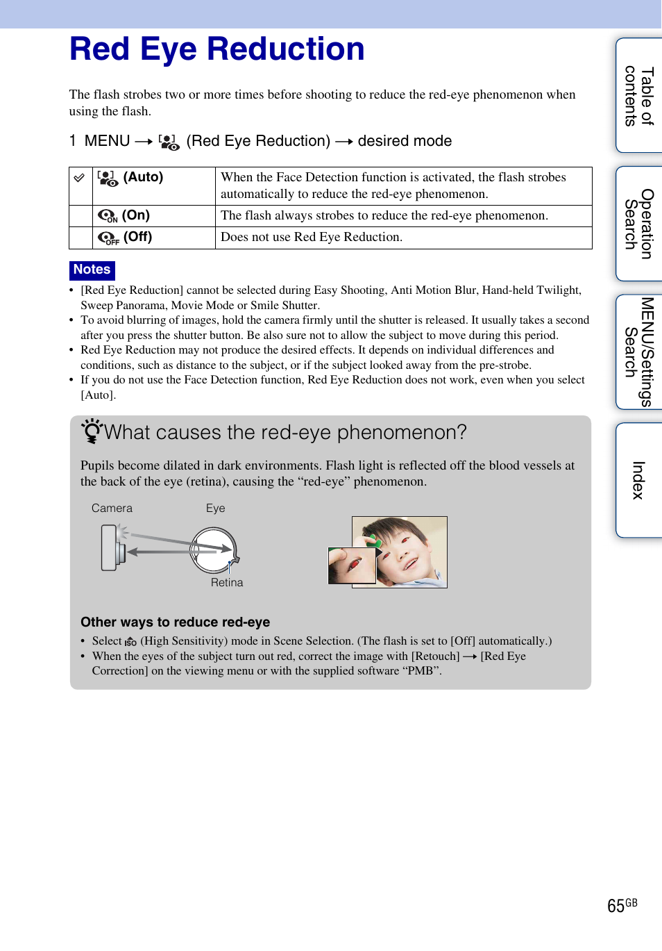 Red eye reduction, What causes the red-eye phenomenon | Sony DSC-WX1 User Manual | Page 65 / 135