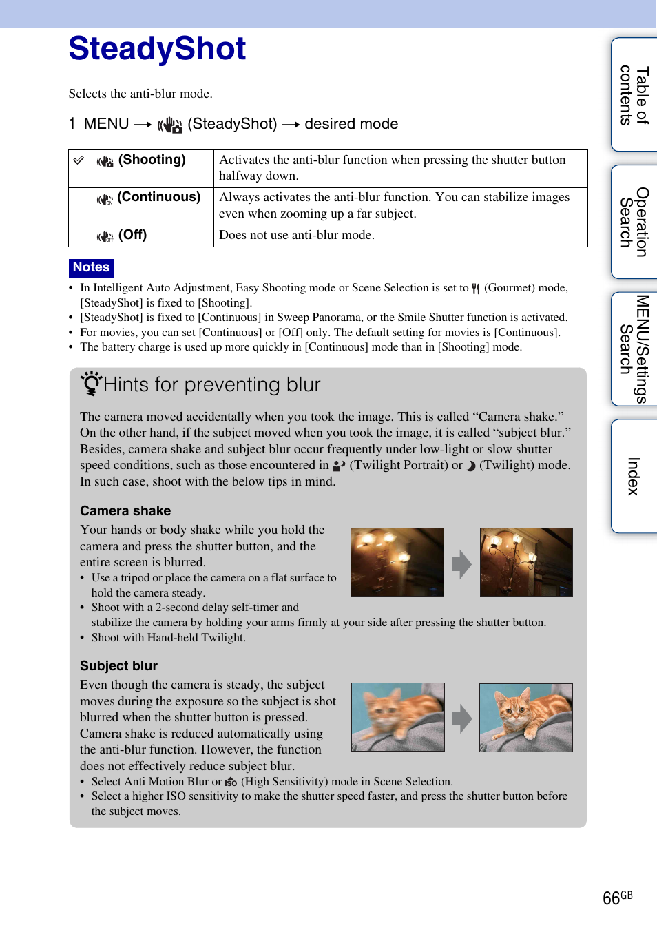 Steadyshot, Hints for preventing blur | Sony DSC-WX1 User Manual | Page 66 / 135