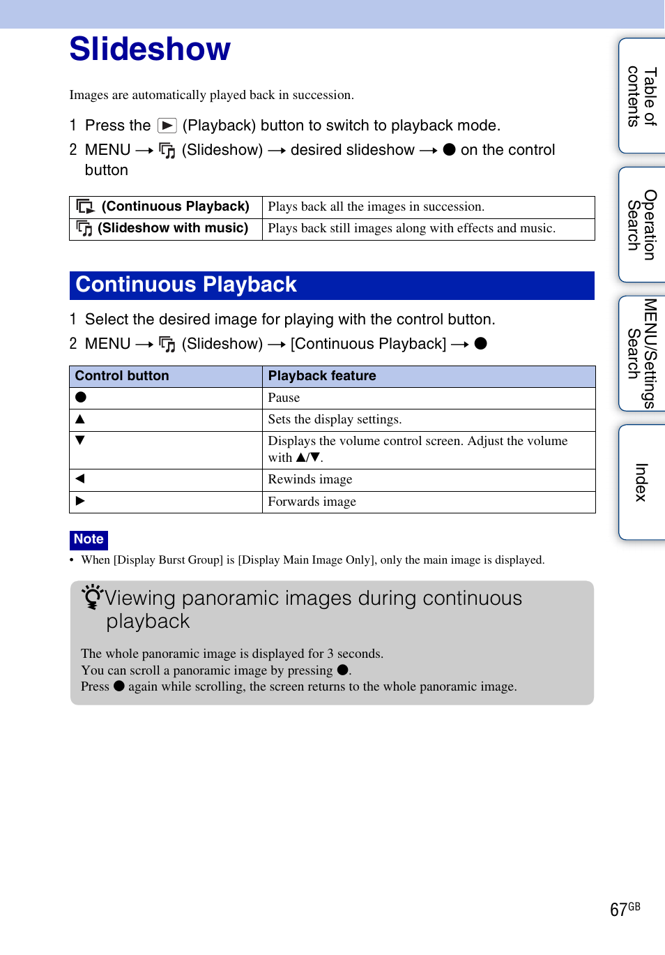 Slideshow, Continuous playback | Sony DSC-WX1 User Manual | Page 67 / 135