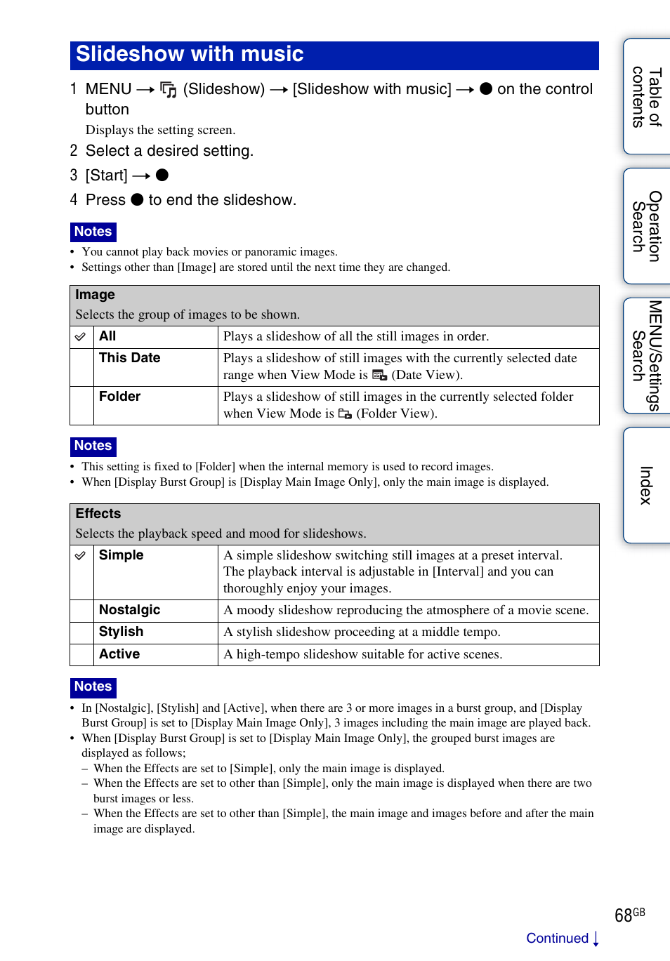 Slideshow with music | Sony DSC-WX1 User Manual | Page 68 / 135