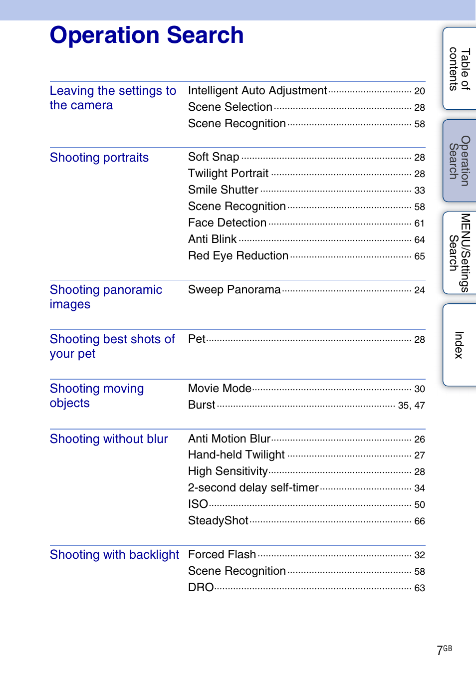 Operation search, Perat, Earc | Sony DSC-WX1 User Manual | Page 7 / 135