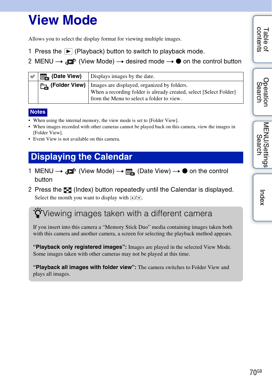 View mode, View mode), Displaying the calendar z | Viewing images taken with a different camera | Sony DSC-WX1 User Manual | Page 70 / 135