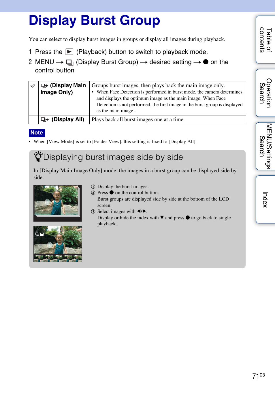 Display burst group, Display burst group), Displaying burst images side by side | Sony DSC-WX1 User Manual | Page 71 / 135