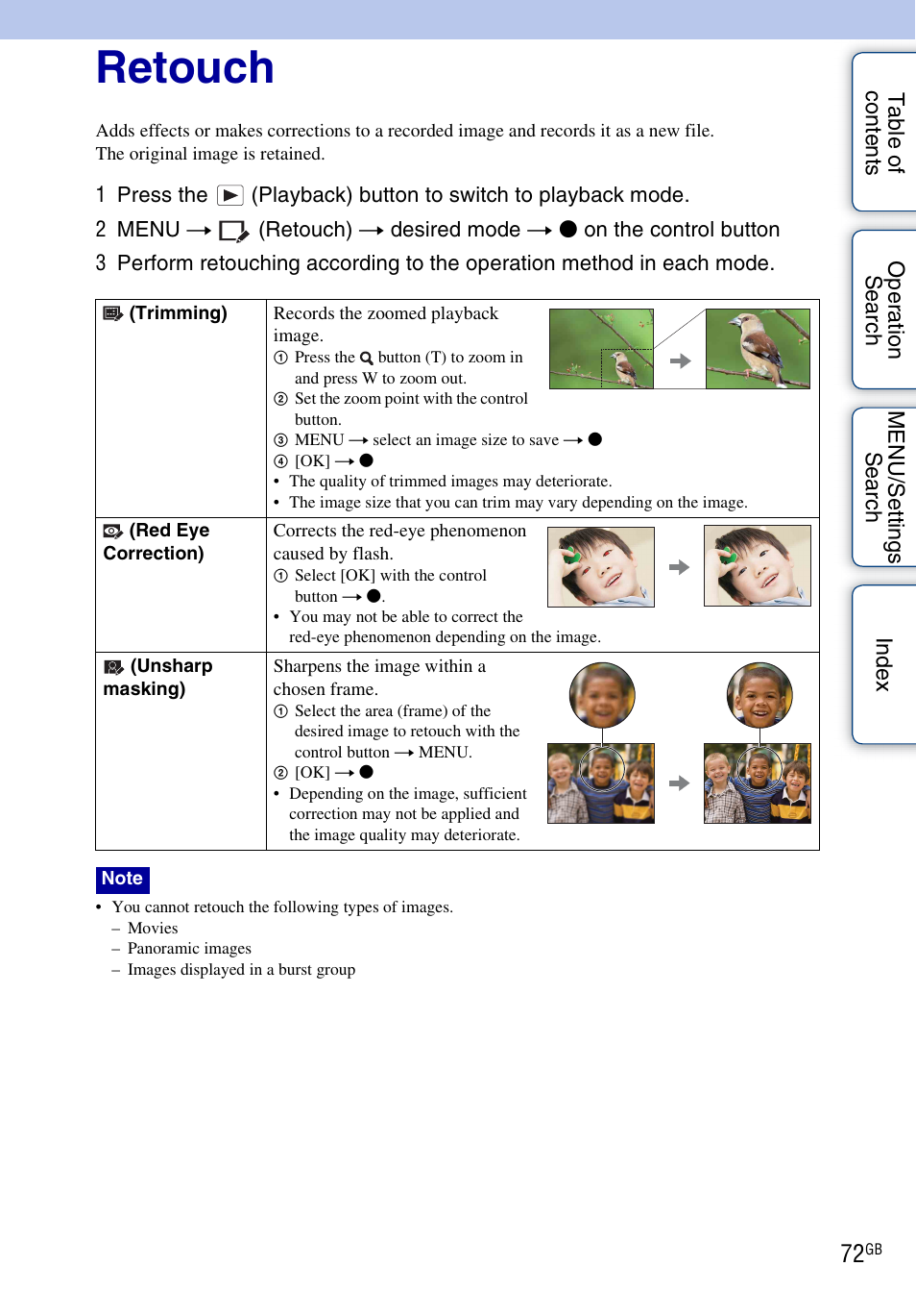 Retouch | Sony DSC-WX1 User Manual | Page 72 / 135