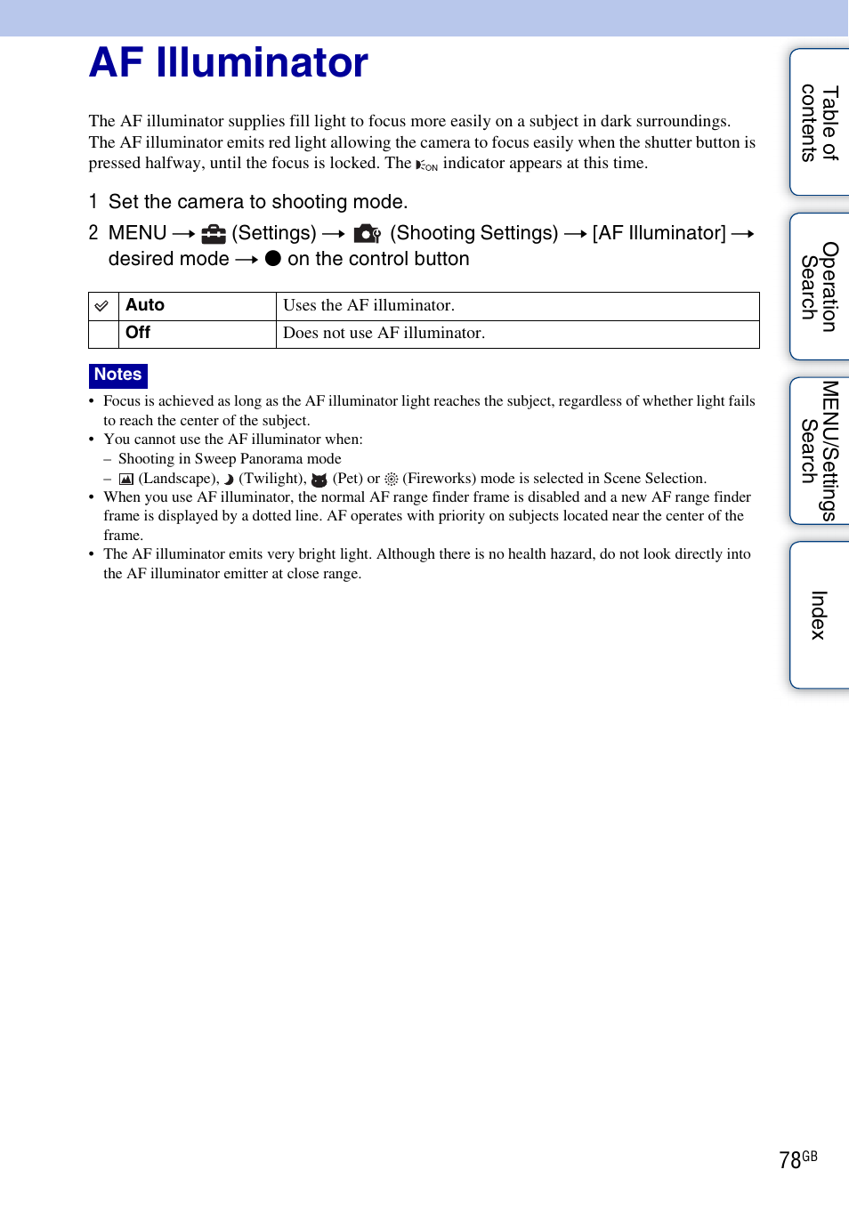 Af illuminator | Sony DSC-WX1 User Manual | Page 78 / 135