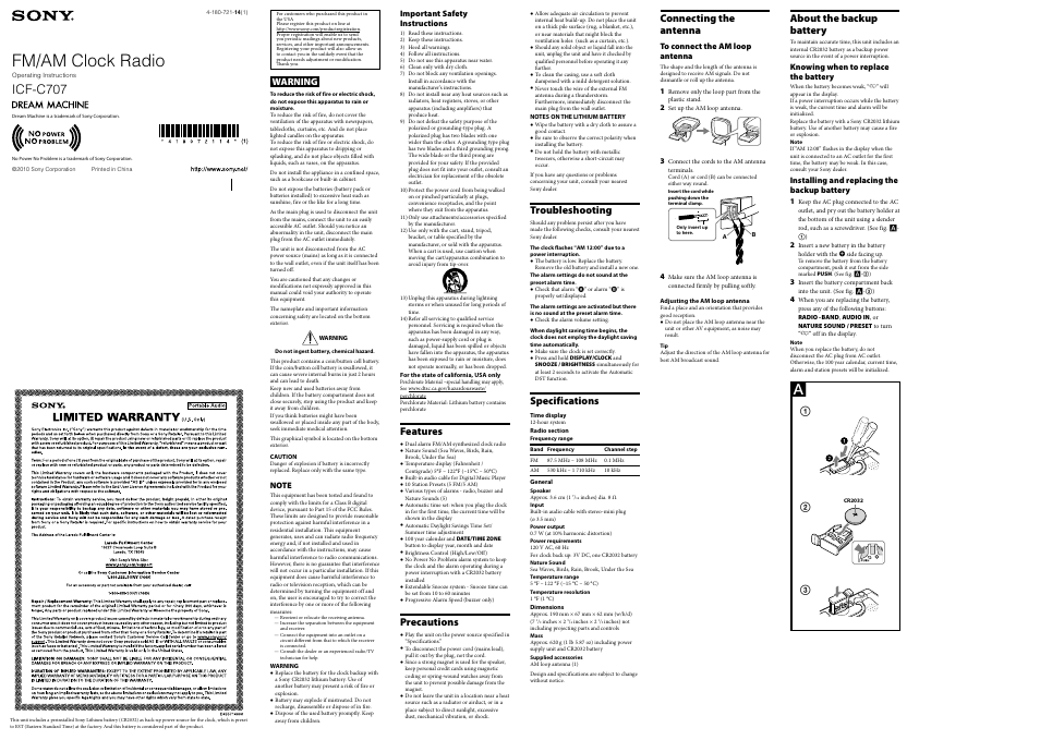 Sony ICF-C707 User Manual | 2 pages