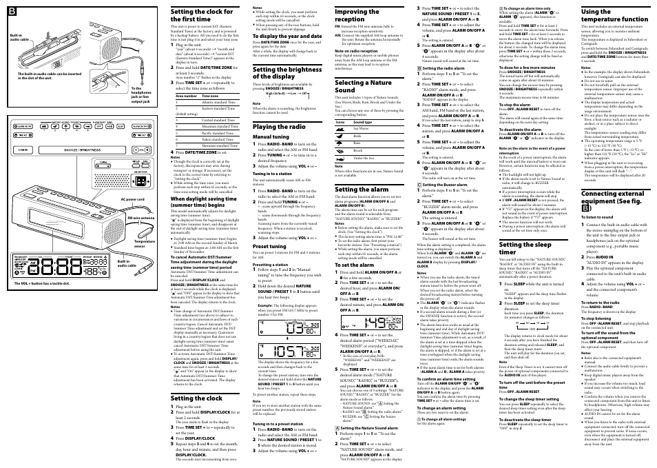 Setting the clock for the first time, Setting the clock, Setting the brightness of the display | Playing the radio, Improving the reception, Selecting a nature sound, Setting the alarm, Setting the sleep timer, Using the temperature function, Connecting external equipment (see fig.  ) | Sony ICF-C707 User Manual | Page 2 / 2