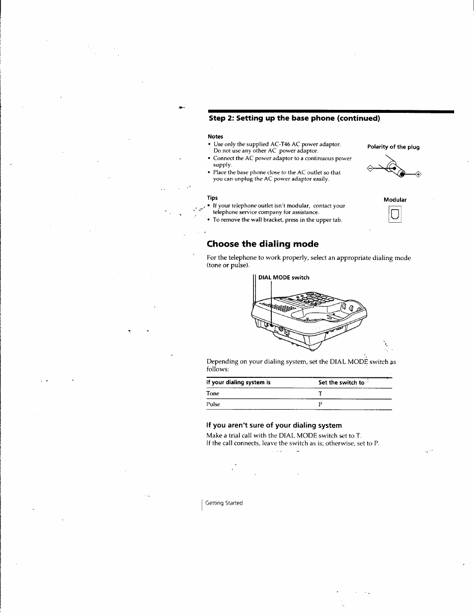 Choose the dialing mode, If you aren't sure of your dialing system | Sony SPP-SS965 User Manual | Page 10 / 91