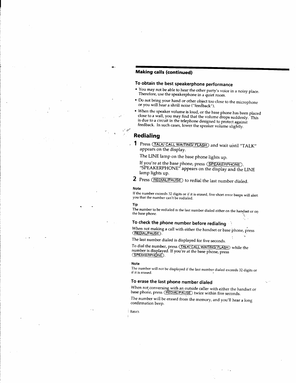 To obtain the best speakerphone performance, To check the phone number before redialing, To erase the last phone number dialed | Redlatypause, Redialing 1 | Sony SPP-SS965 User Manual | Page 16 / 91