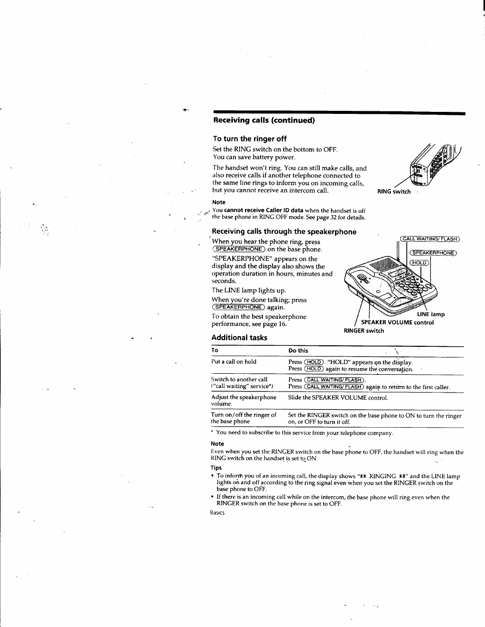 To turn the ringer off, Receiving calls through the speakerphone | Sony SPP-SS965 User Manual | Page 18 / 91