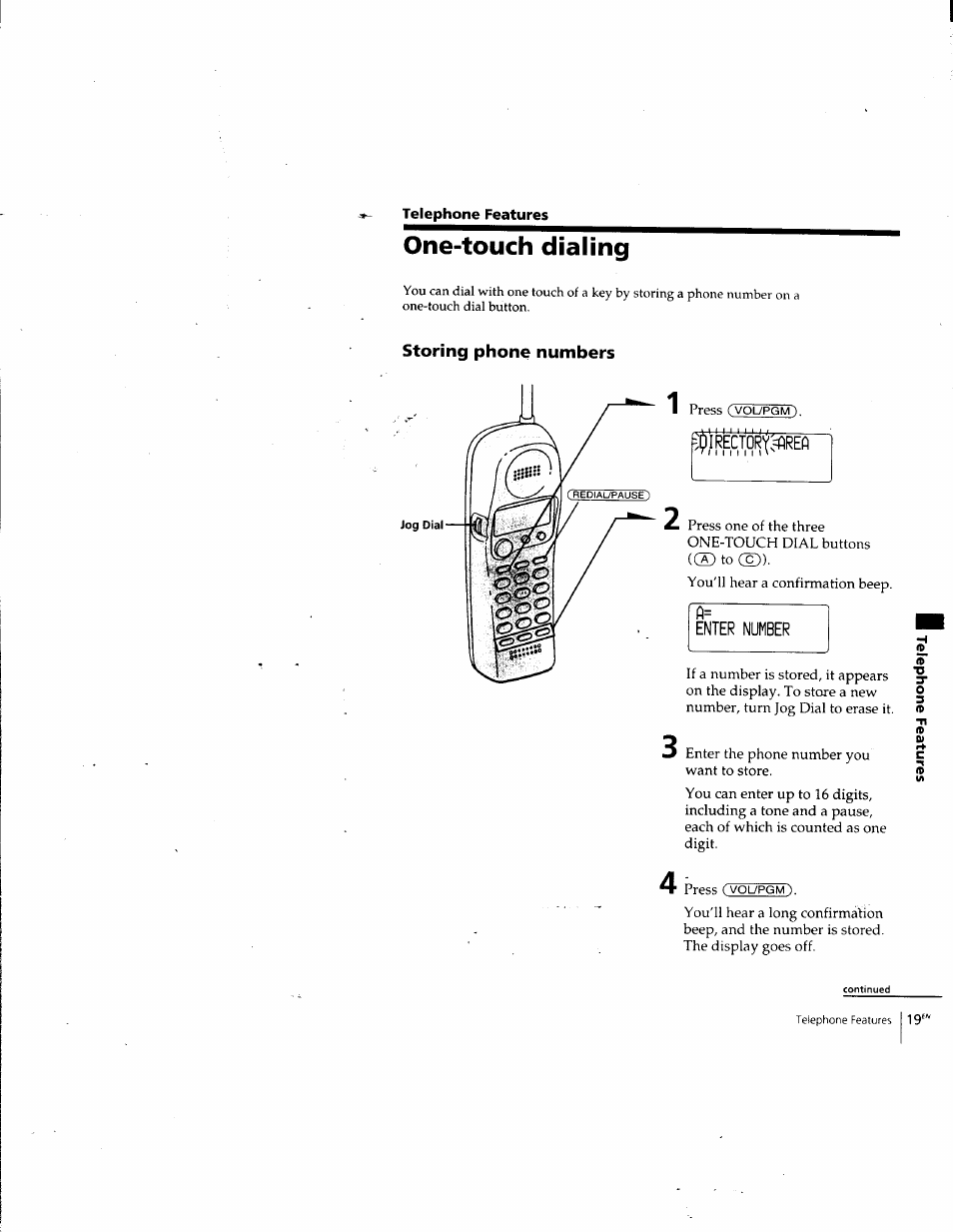 One-touch dialing, Storing phone numbers, I)lrectori=firefl | Enter number | Sony SPP-SS965 User Manual | Page 19 / 91
