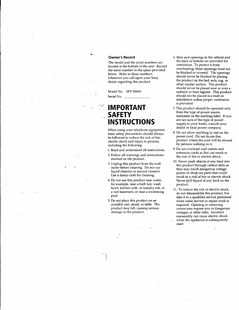 Owner's record, Important safety instructions | Sony SPP-SS965 User Manual | Page 2 / 91