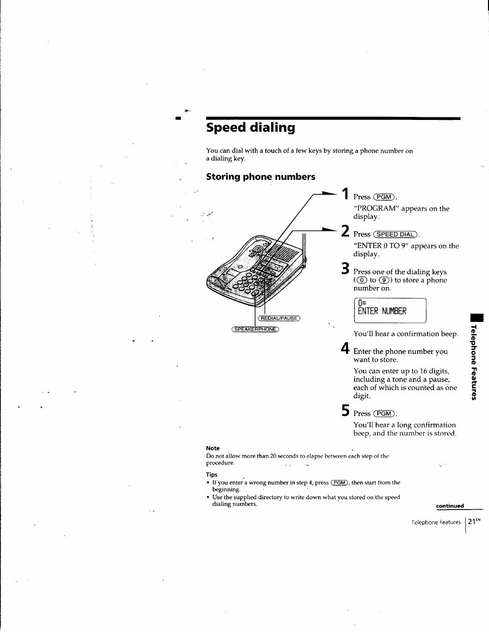 Speed dialing, Storing phone numbers, Enter number | Sony SPP-SS965 User Manual | Page 21 / 91