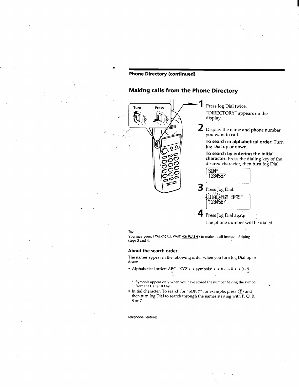Making calls from the phone directory, Sony, Erase r234s67 | About the search order | Sony SPP-SS965 User Manual | Page 26 / 91