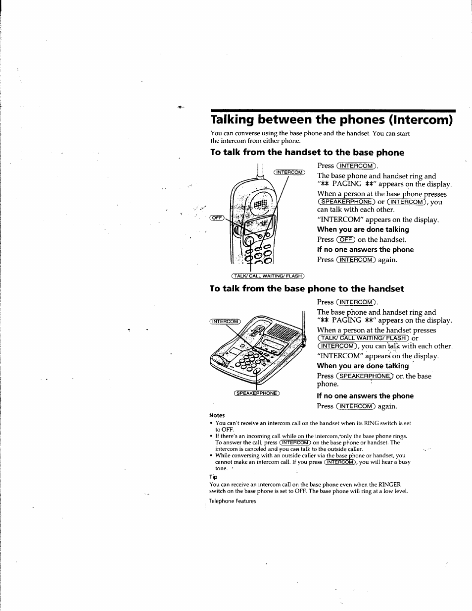 Talking between the phones (intercom), To talk from the handset to the base phone, If no one answers the phone | To talk from the base phone to the handset | Sony SPP-SS965 User Manual | Page 28 / 91