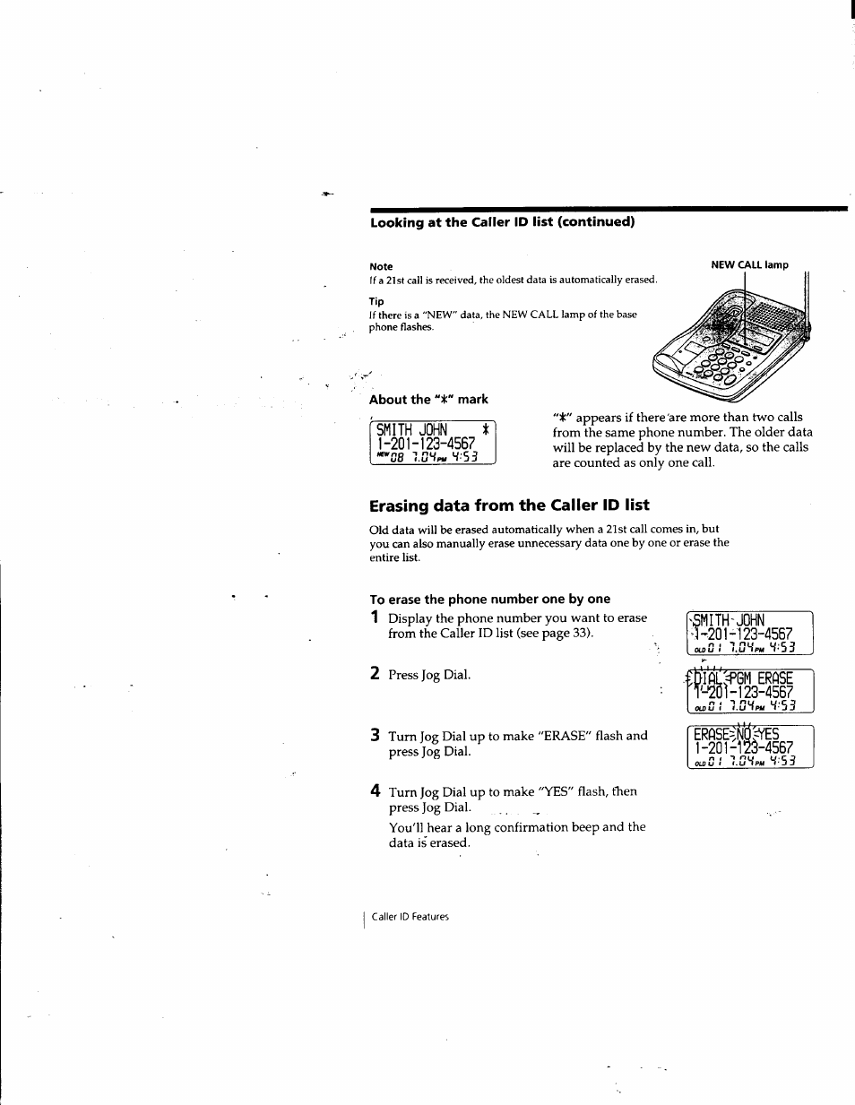 About the mark, Erasing data from the caller id list, To erase the phone number one by one | Smith-john m1-123-4567, Mfil=pgm erase | Sony SPP-SS965 User Manual | Page 34 / 91
