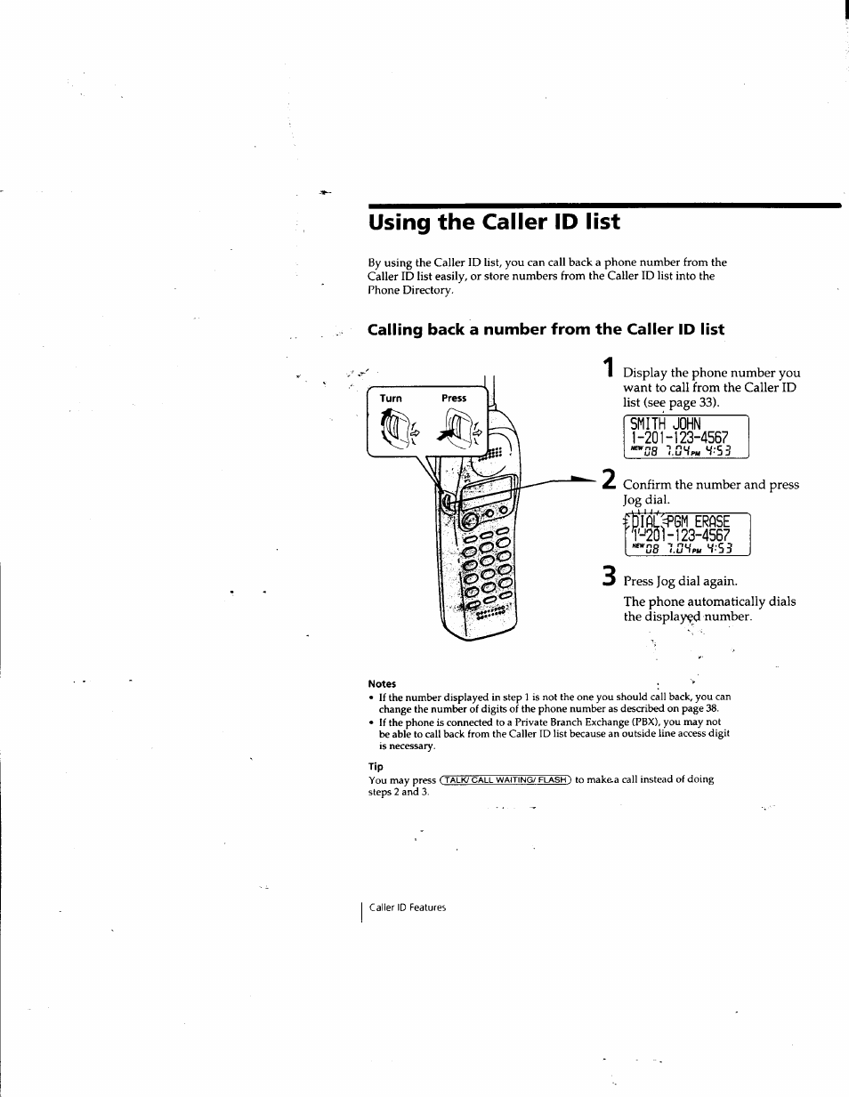 Using the caller id list, Calling back a number from the caller id list, Smith john 1-201-123-4567 | Erase rml-123-4567 “*'38 h s3 | Sony SPP-SS965 User Manual | Page 36 / 91