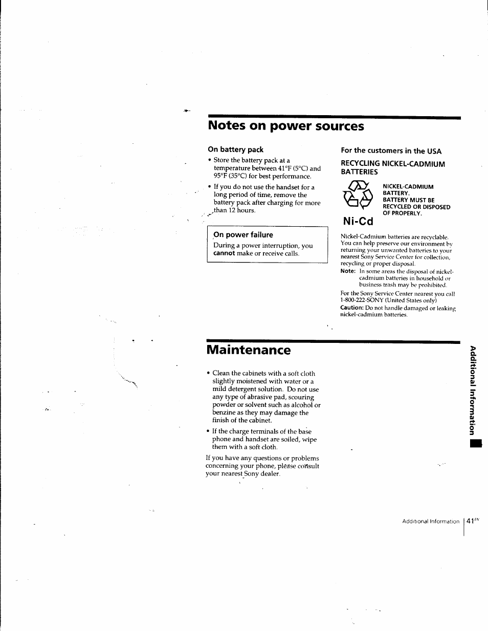 Notes on power sources, On battery pack, For the customers in the usa | Recycling nickel-cadmium batteries, Maintenance, Ni-cd | Sony SPP-SS965 User Manual | Page 41 / 91