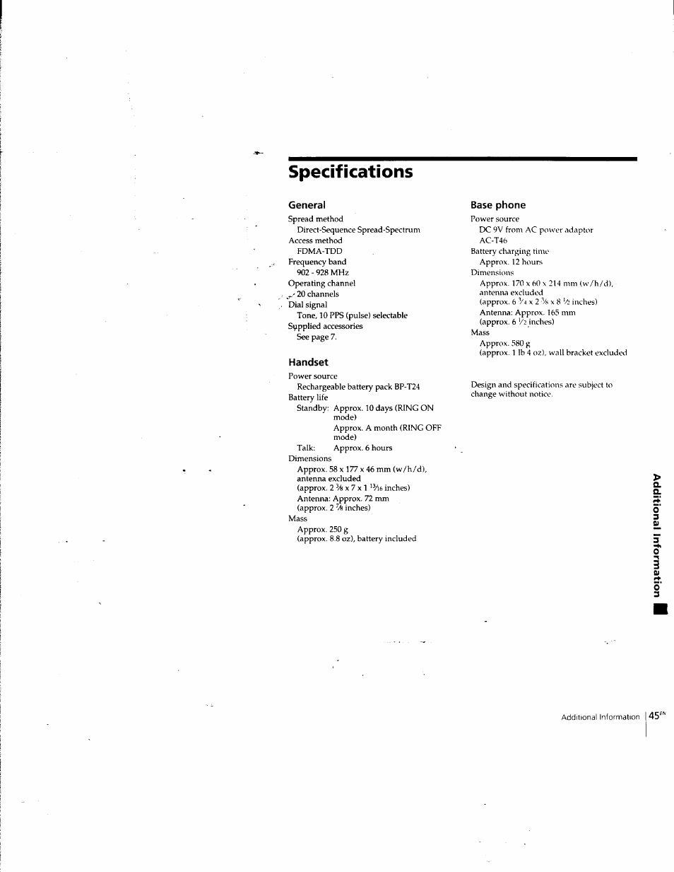 Specifications, General, Handset | Base phone | Sony SPP-SS965 User Manual | Page 45 / 91