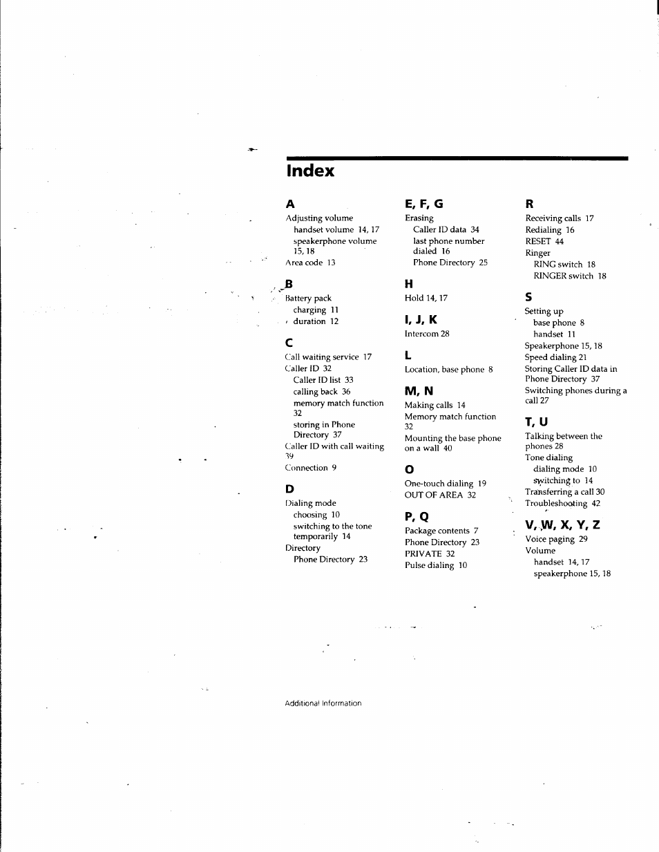 Index, E, f, g, I. j, k | M, n, T, u, V, vv, x. y, z | Sony SPP-SS965 User Manual | Page 46 / 91