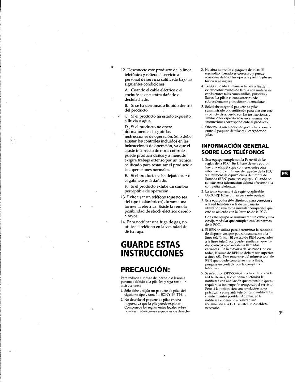 Información general sobre los teléfonos, Guarde estas instrucciones precaucion | Sony SPP-SS965 User Manual | Page 48 / 91