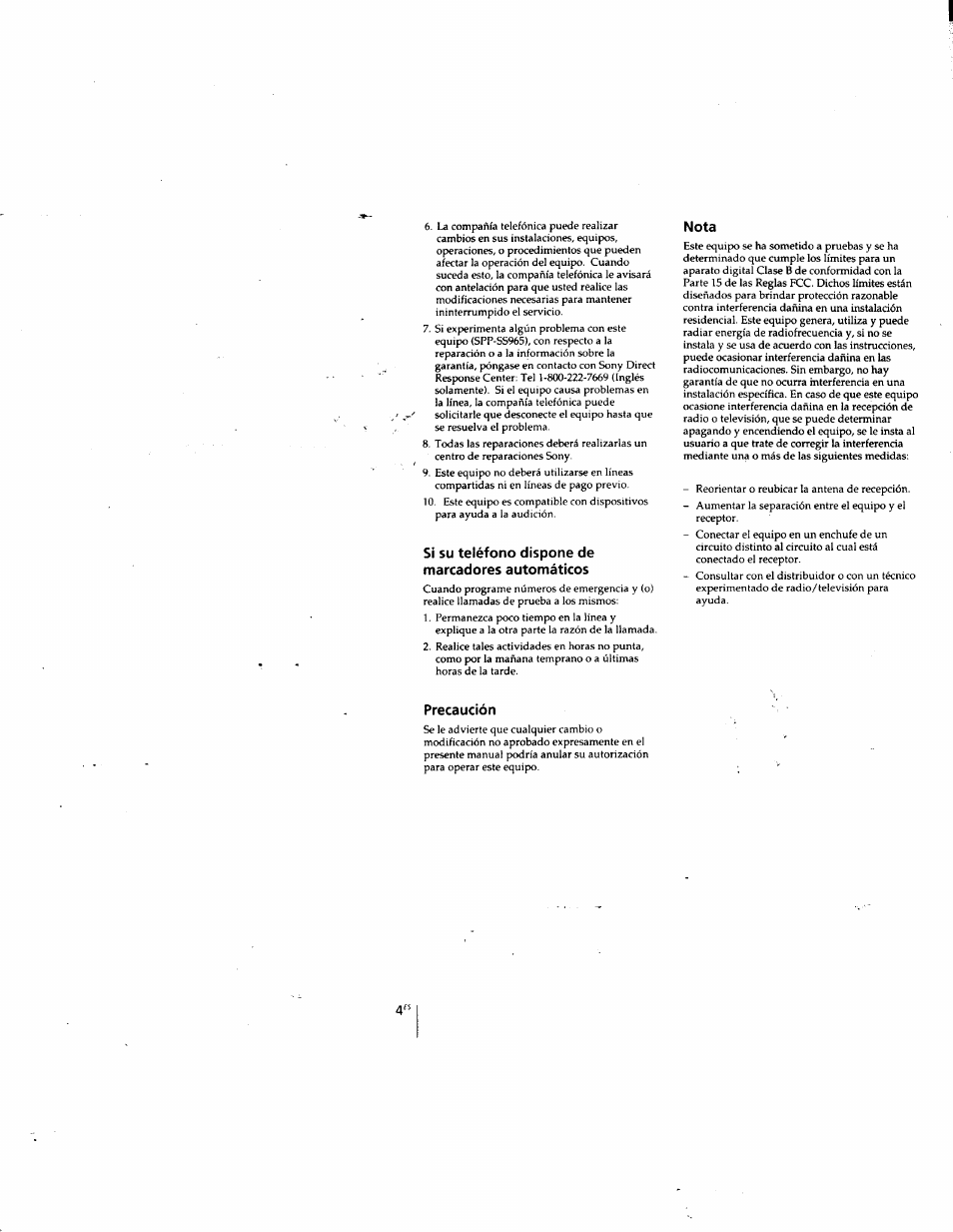 Si su teléfono dispone de marcadores automáticos, Nota, Precaución | Sony SPP-SS965 User Manual | Page 49 / 91
