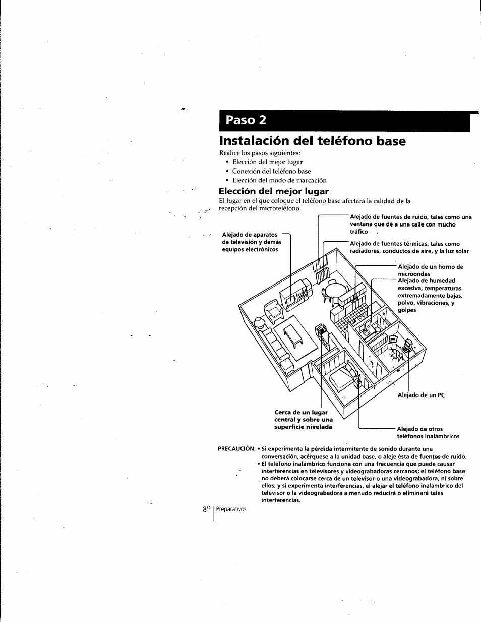 Instalación del teléfono base, Elección del mejor lugar, Paso 2 | Sony SPP-SS965 User Manual | Page 53 / 91