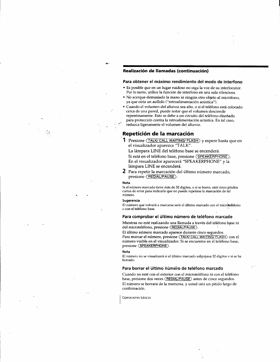 Repetición de la marcación, Para borrar el último húmero de teléfono marcado | Sony SPP-SS965 User Manual | Page 61 / 91