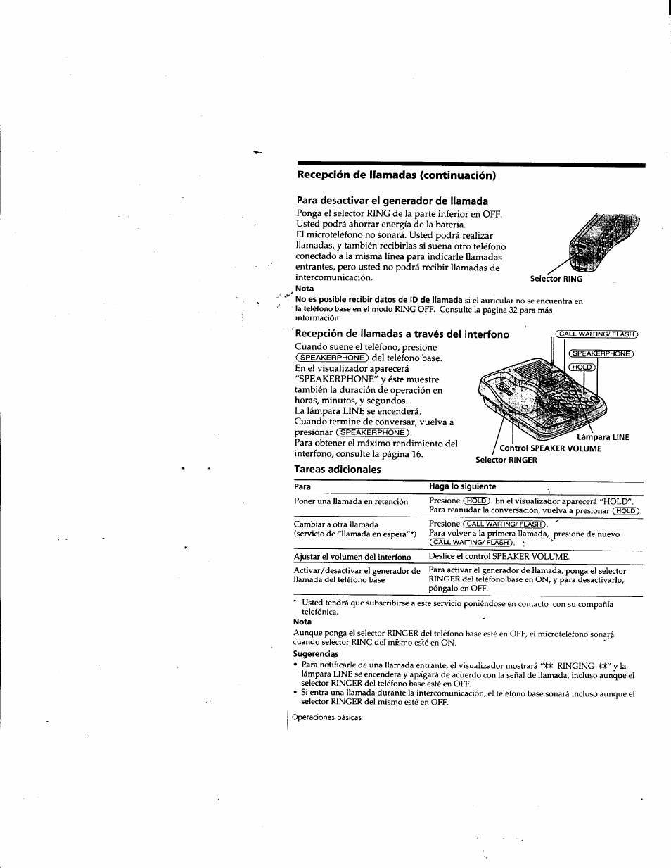 Para desactivar el generador de llamada, Recepción de llamadas a través del interfono | Sony SPP-SS965 User Manual | Page 63 / 91