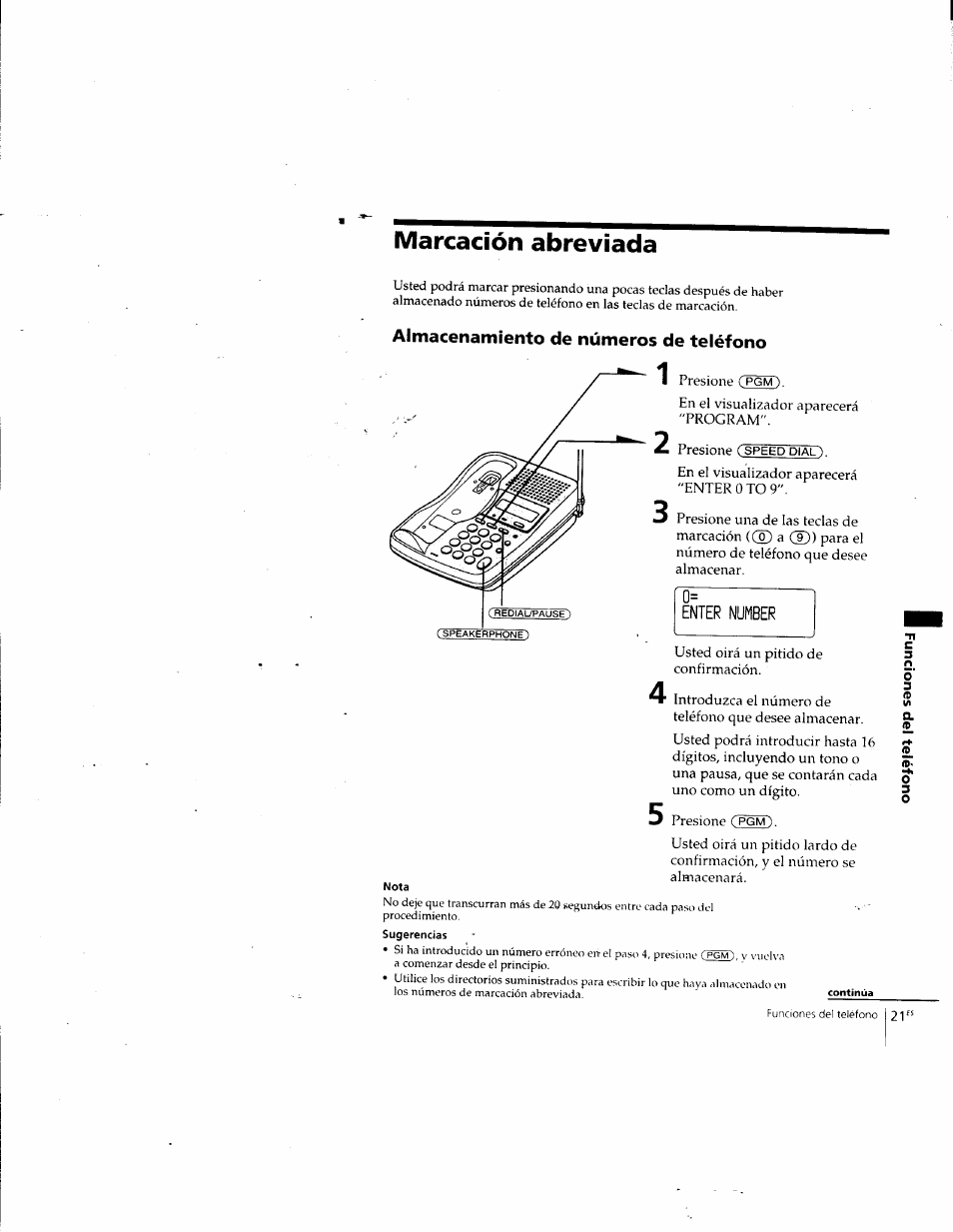 Marcación abreviada, Almacenamiento de números de teléfono, Enter number | Sony SPP-SS965 User Manual | Page 66 / 91