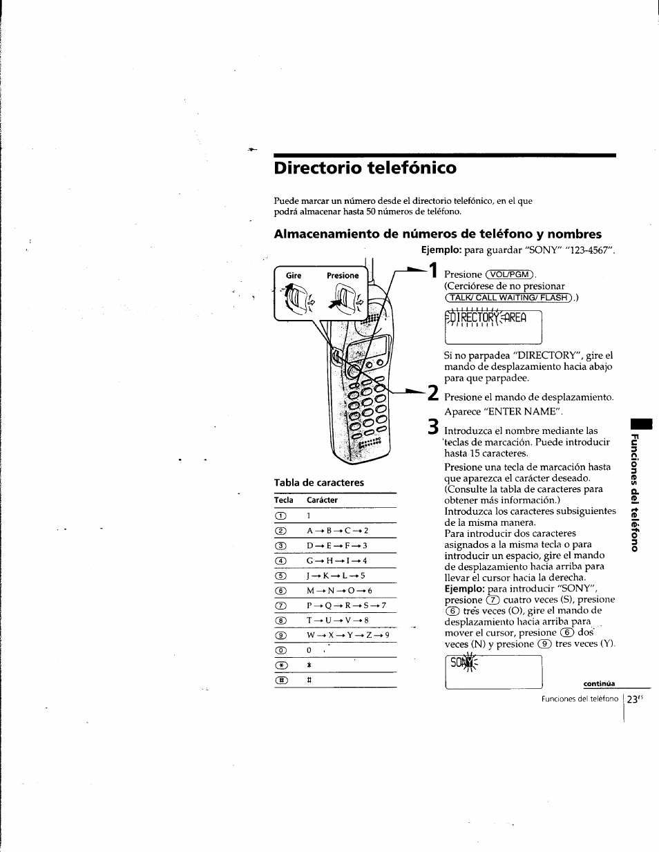 Directorio telefónico, Almacenamiento de números de teléfono y nombres, Ìrecfqrf=flrefì | Sony SPP-SS965 User Manual | Page 68 / 91