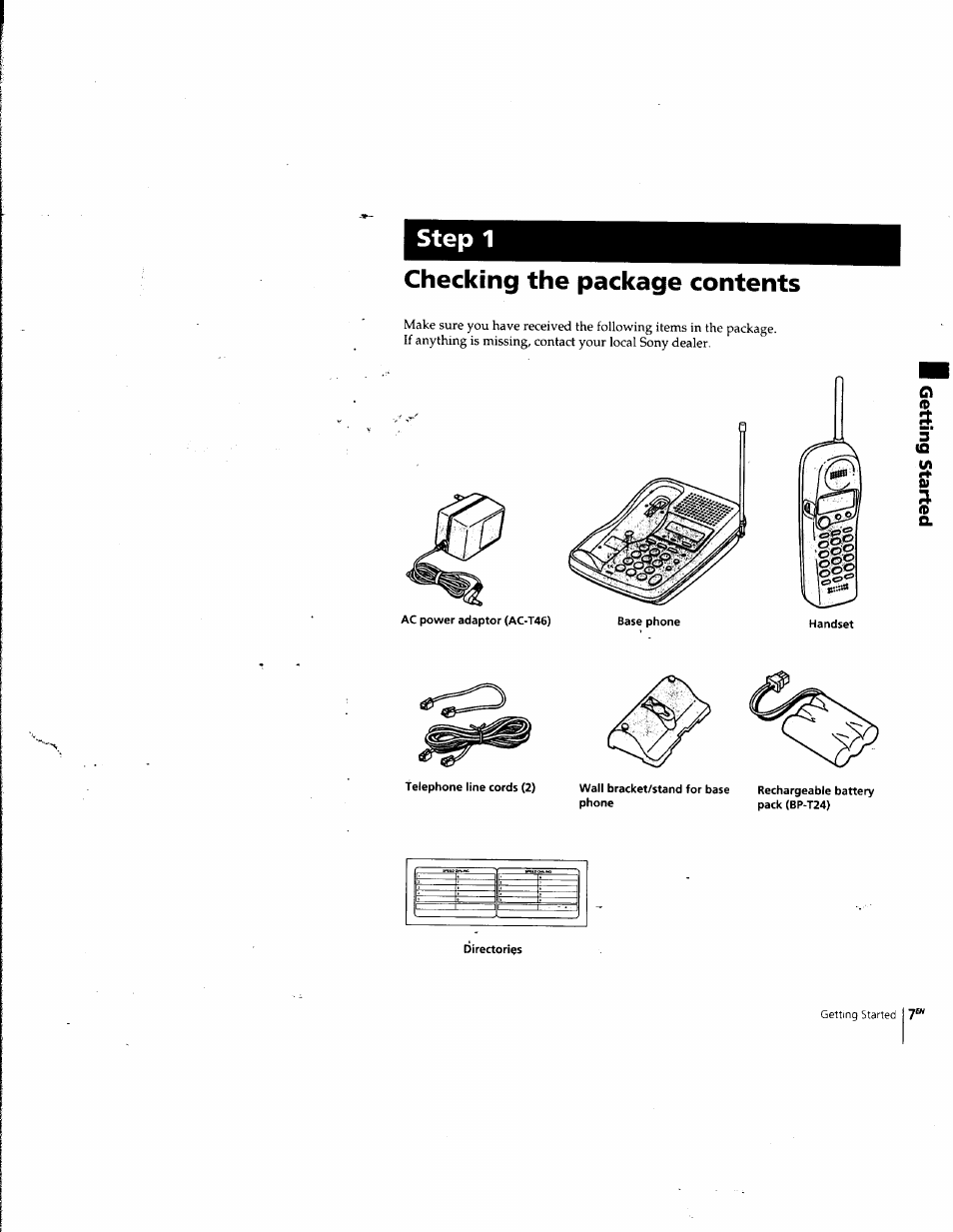 Checking the package contents, Step 1 | Sony SPP-SS965 User Manual | Page 7 / 91
