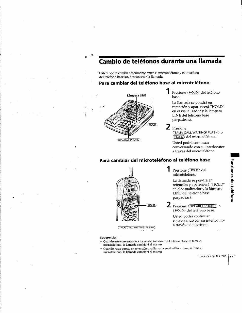 Cambio de teléfonos durante una llamada, Para cambiar del teléfono base al microteléfono, Para cambiar del microteléfono al teléfono base | Sony SPP-SS965 User Manual | Page 72 / 91