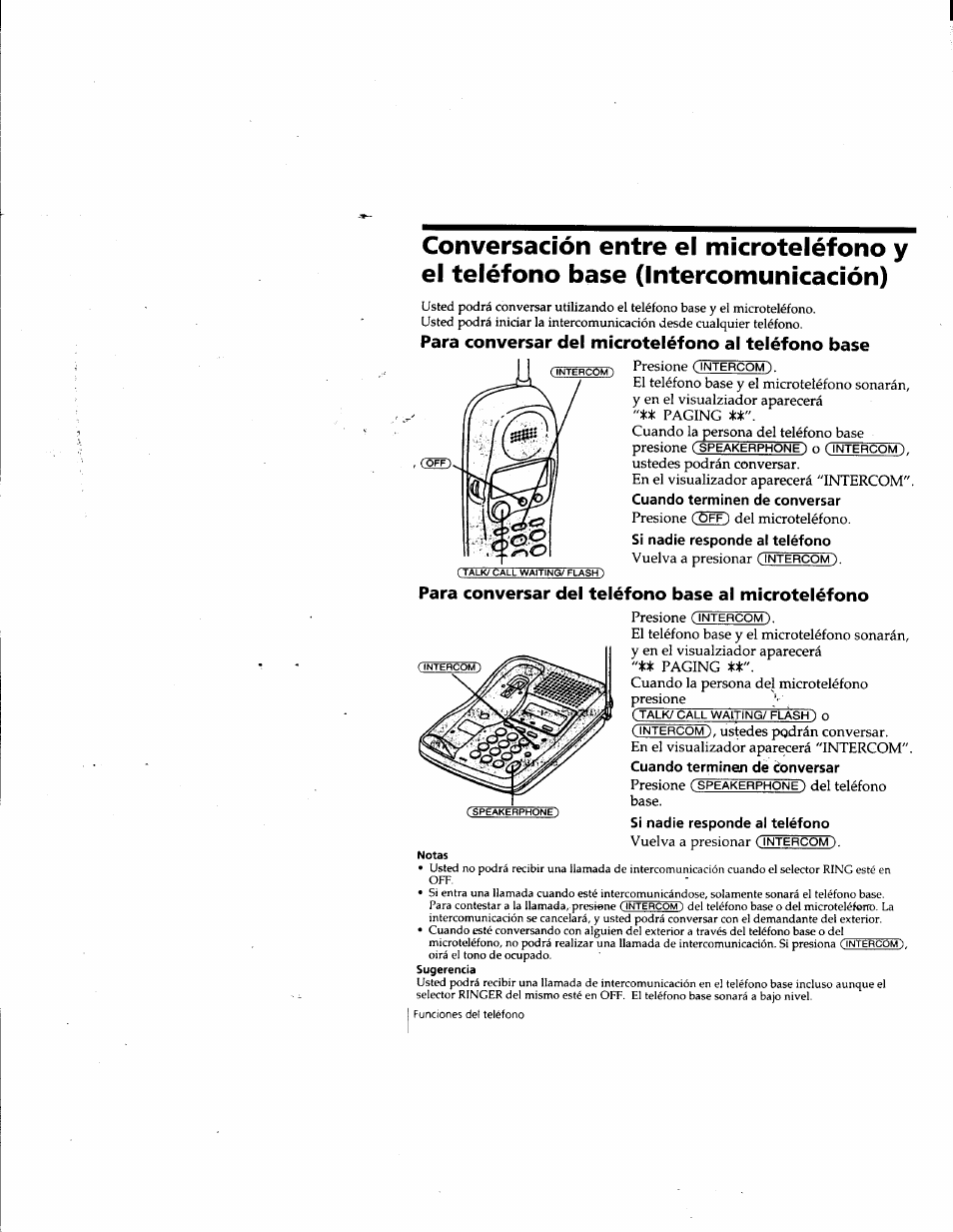 Para conversar del microteléfono al teléfono base, Para conversar del teléfono base al microteléfono, Si nadie responde al teléfono | Sony SPP-SS965 User Manual | Page 73 / 91