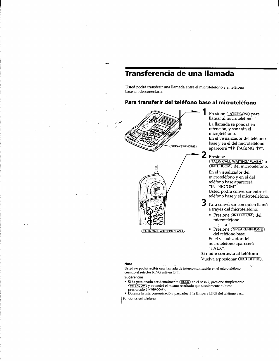 Transferencia de una llamada, Para transferir del teléfono base al microteléfono | Sony SPP-SS965 User Manual | Page 75 / 91