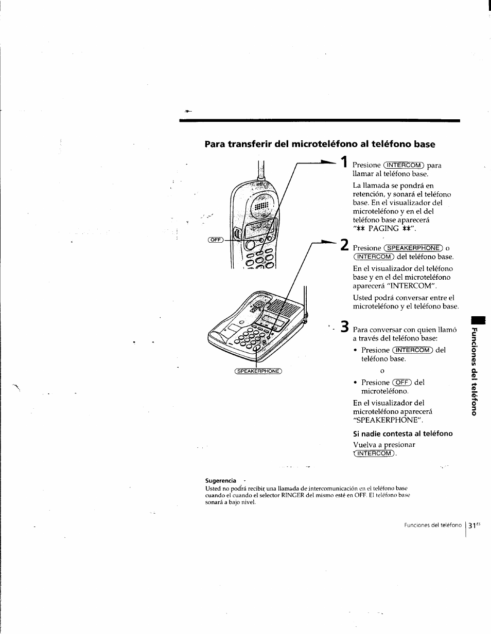 Para transferir del microteiéfono al teléfono base, Si nadie contesta al teléfono | Sony SPP-SS965 User Manual | Page 76 / 91