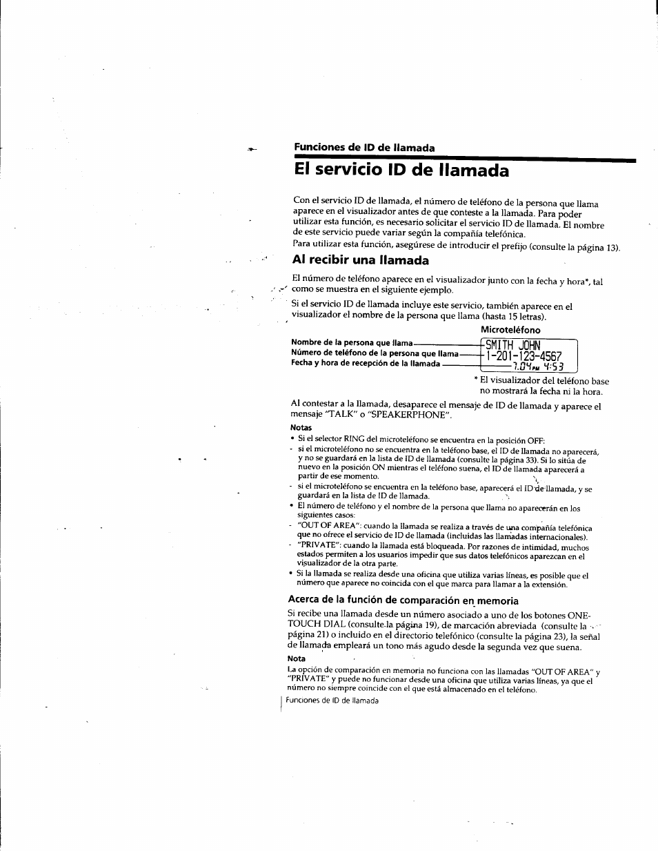 El servicio id de llamada, Al recibir una llamada, Acerca de la función de comparación en memoria | Sony SPP-SS965 User Manual | Page 77 / 91