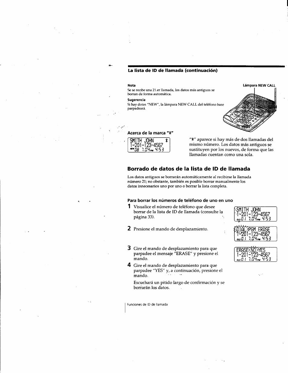 Acerca de la marca “t, Borrado de datos de la lista de id de llamada, Para borrar los números de teléfono de uno en uno | Smith john •1-201-123-4567, Erftse 123-4567 | Sony SPP-SS965 User Manual | Page 79 / 91