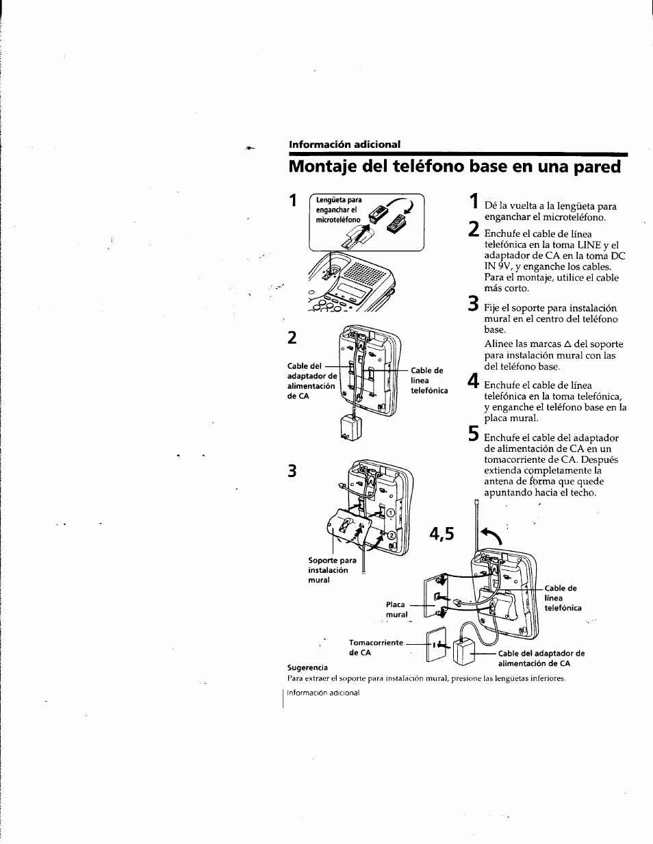 Montaje del teléfono base en una pared | Sony SPP-SS965 User Manual | Page 85 / 91