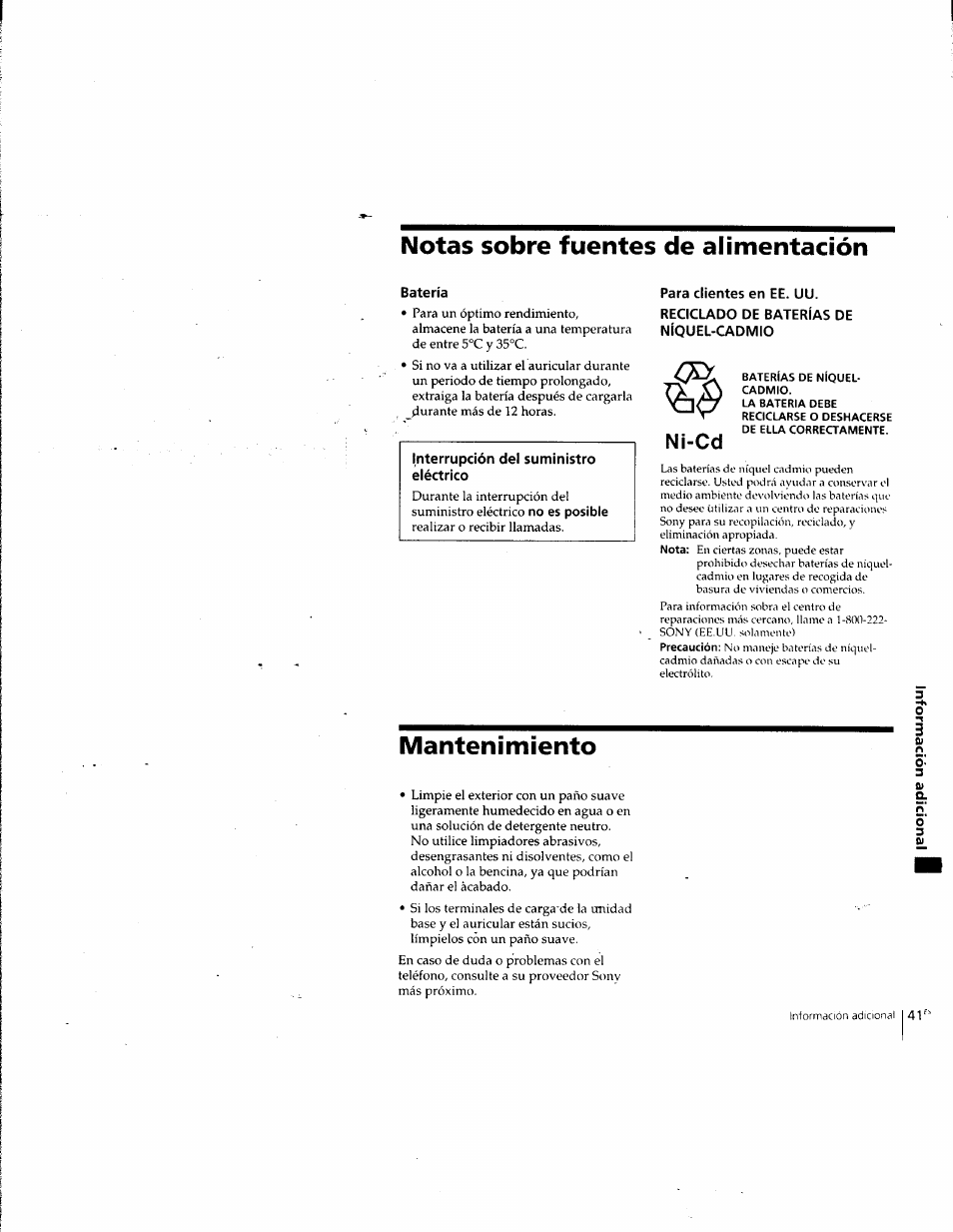 Notas sobre fuentes de alimentación, Batería, Mantenimiento | Ni-cd | Sony SPP-SS965 User Manual | Page 86 / 91