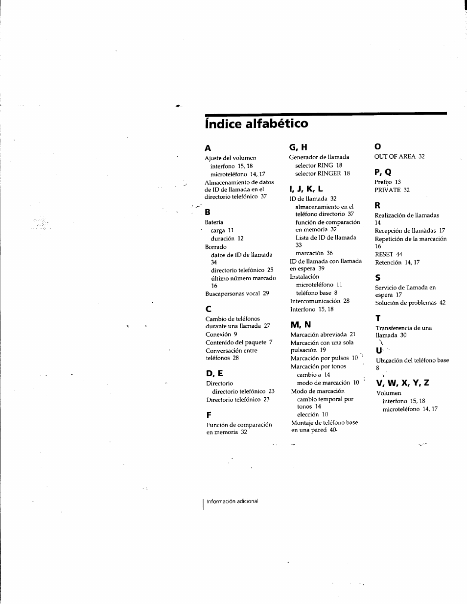 Índice alfabético, D, e, G, h | I, j, k, l, M, n, Vi w, x, y, z, K, l, P, q | Sony SPP-SS965 User Manual | Page 91 / 91